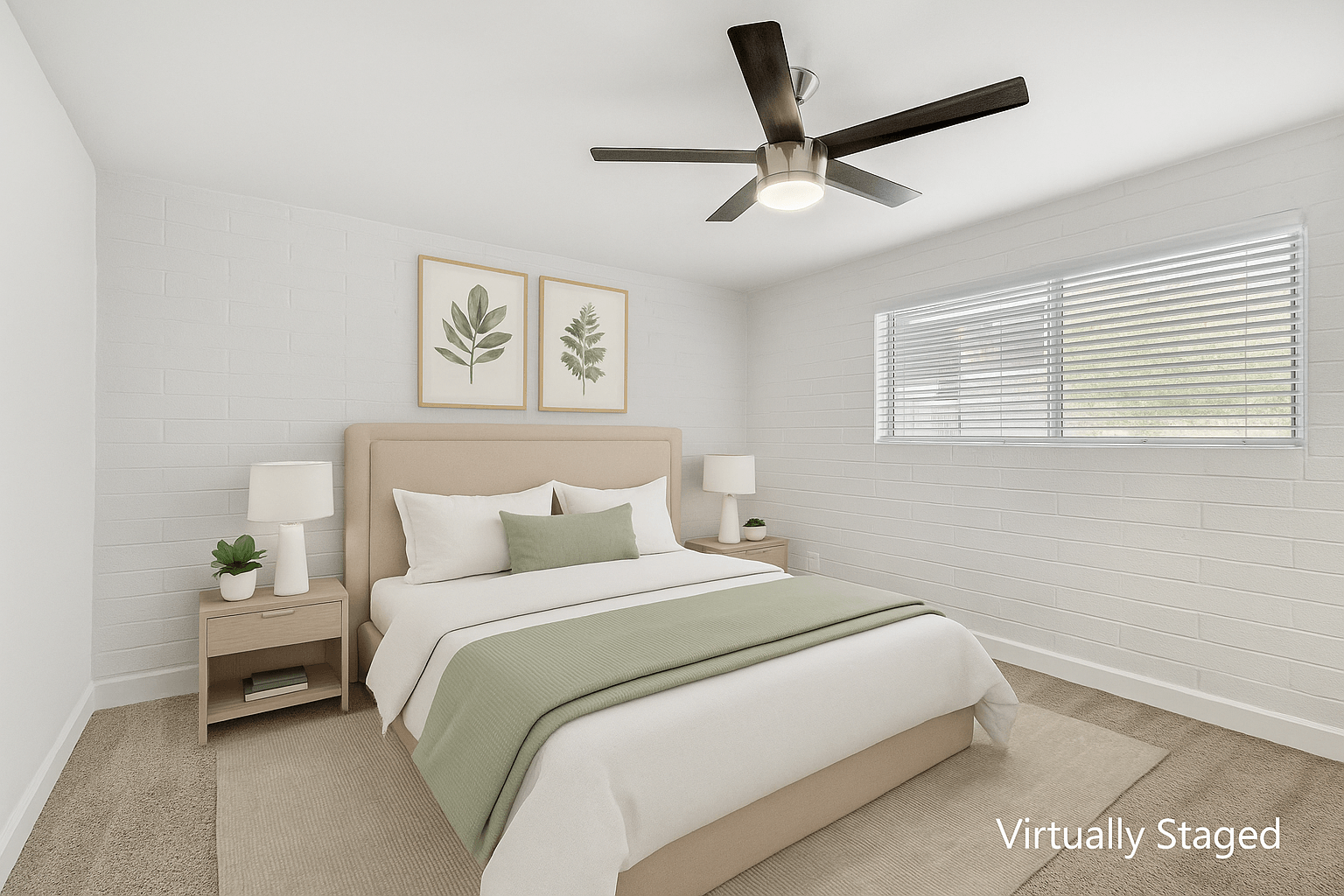 Virtually staged bedroom with botanical wall art at Palm Villas Apartments, Scottsdale, 85257