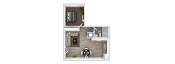 a stylized floor plan with a bedroom and a living room
