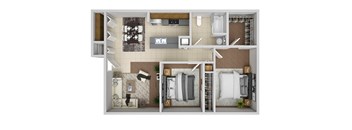 a 3d floor plan of a bedroom with a bathroom and a living room