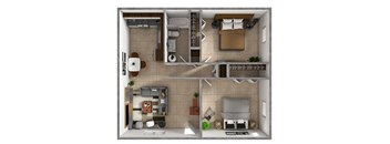 a 3d drawing of the 1 bedroom floor plan of a modern apartment