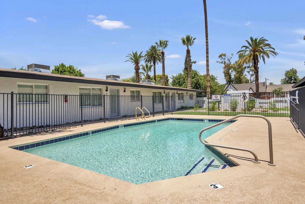 our resort style swimming pool is next to our buildings and palm trees