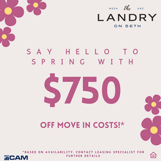 a poster with pink flowers and a price of 50 off move in costs
