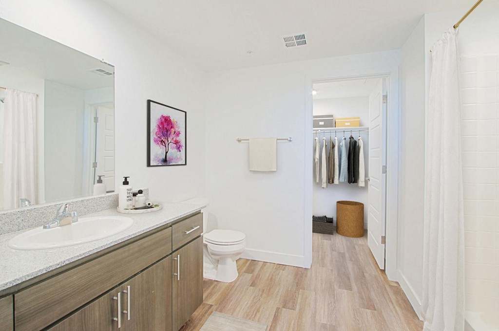 a bathroom with white walls and wood floors at 2051 Apartments, Prescott, AZ, 86301