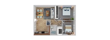 A top-down view of a small apartment with a kitchen, living room, and bathroom.