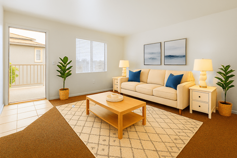 A living room with a white couch, a coffee table, and two potted plants.