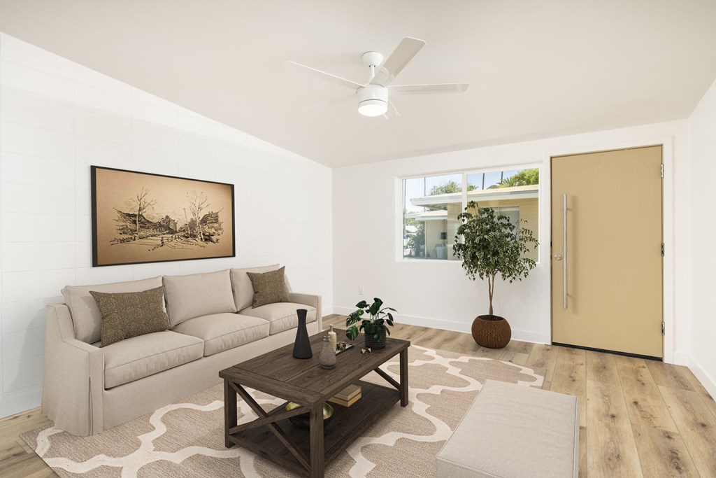 a living room with a couch and a coffee table