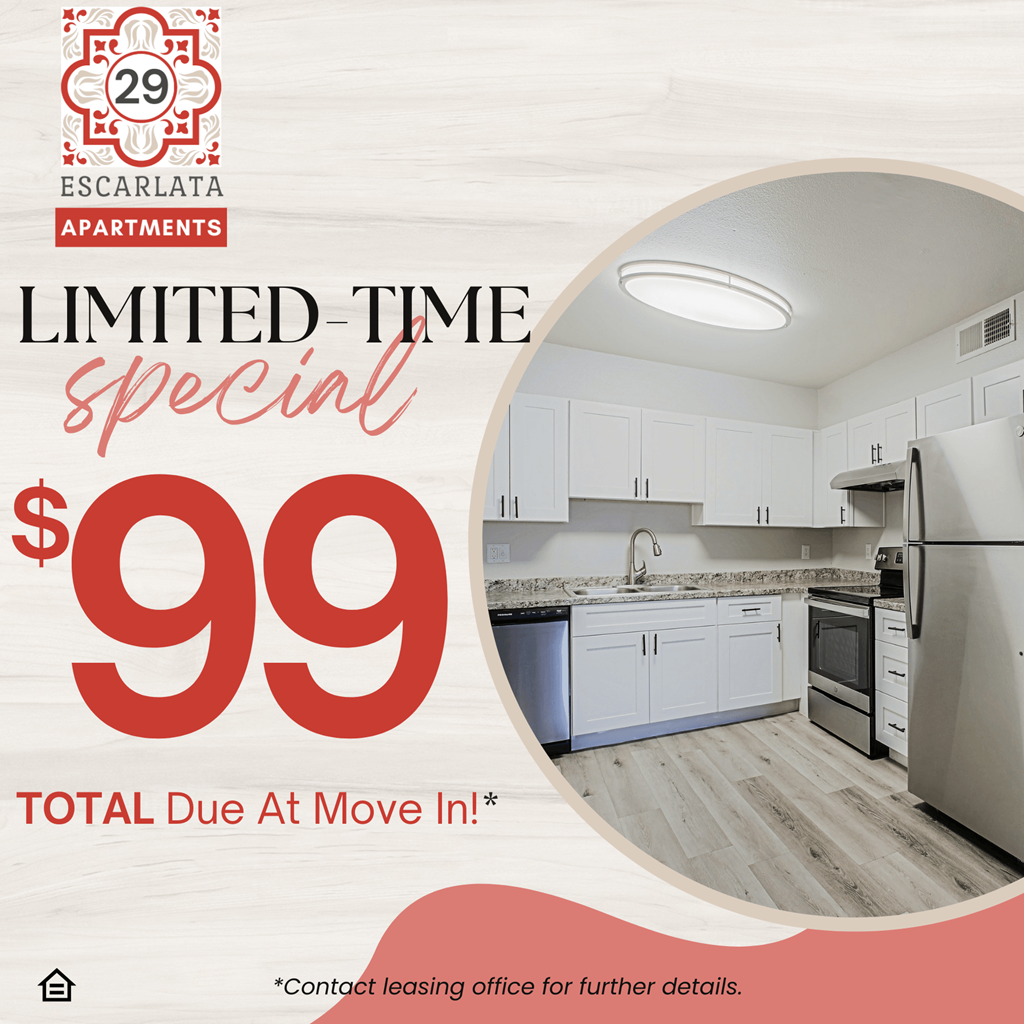 A promotional image for Escalata Apartments advertising a limited-time special for $99 total due at move-in.