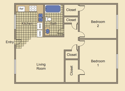 A drawing of a house layout with two bedrooms, a living room, a kitchen, a bath, and a reference area.
