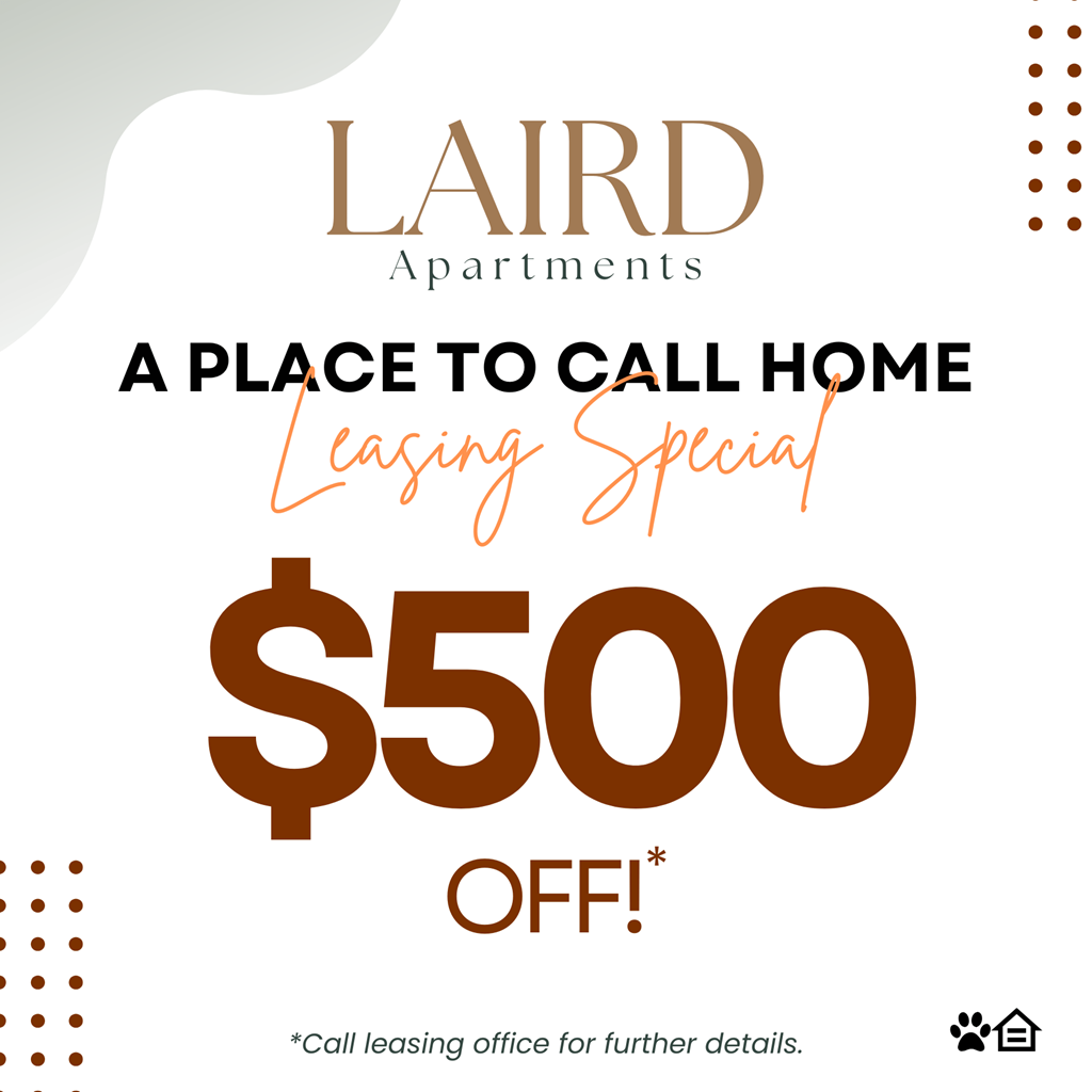 A promotional image for Laird Apartments offering a leasing special with $500 off.