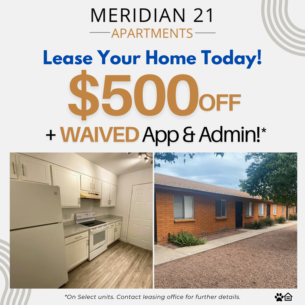 A promotional image for Meridian 21 Apartments offering $500 off and waived app and admin fees.