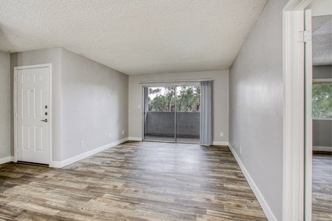 A room with a white door and a window with a view of trees.