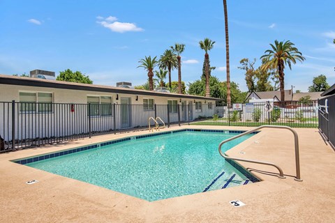 A pool surrounded by a fence with a slide and palm trees in the background.