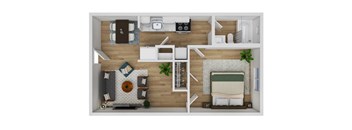 A top-down view of a small apartment with a bedroom, living room, and kitchen.