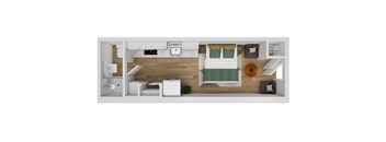 A top down view of a small apartment with a bed, a couch, a chair, a table, a sink, and a toilet.