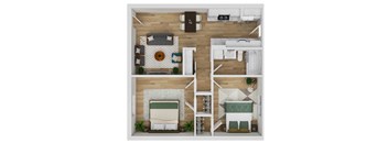 A top-down view of a small apartment with a bed, a couch, a kitchen, and a bathroom.