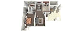 A 3D rendered image of a house layout.