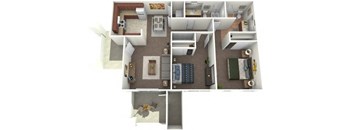 A top-down view of a house layout with a kitchen, living room, bedrooms, and bathrooms.