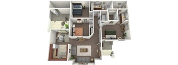 A 3D floor plan of a small apartment with a living room, kitchen, and bedroom.
