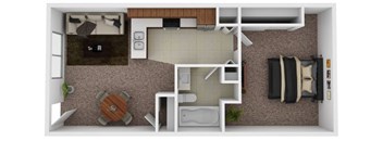 A small apartment with a kitchen, living room, and bedroom.