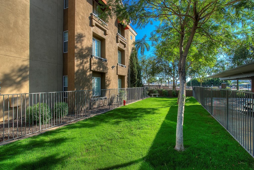 a yard in front of a building with a fence