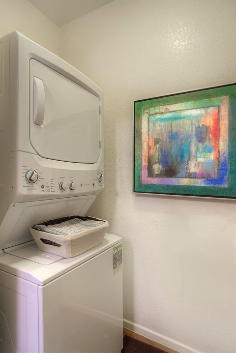 a washer and dryer in a laundry room with a painting