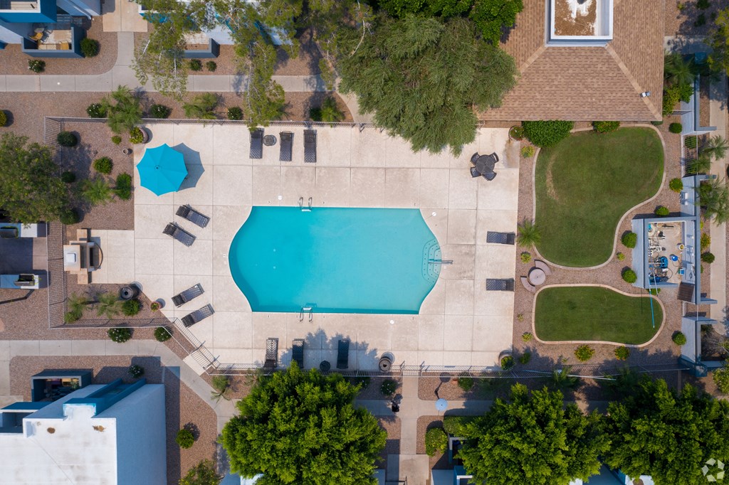 An aerial view of a swimming pool surrounded by trees and buildings.