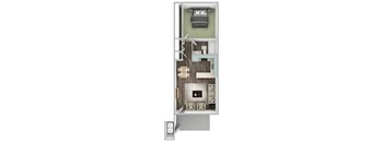 A floor plan of a room with a bed, a desk, and a couch.