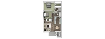 A floor plan of a house with two bedrooms, a living room, a kitchen, and a bathroom.