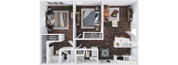 A top-down view of a modern apartment with a kitchen, living room, and bedroom.