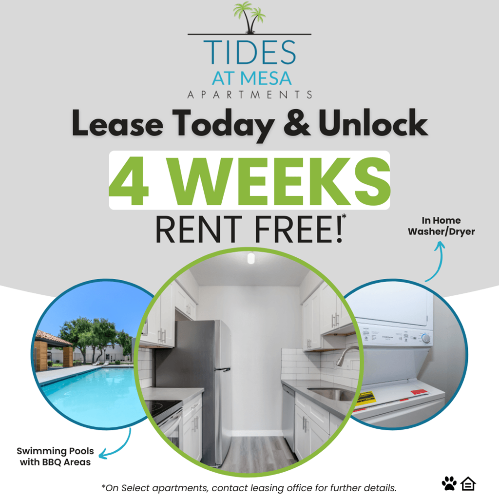 apartments for rent near me A promotional image for Tides at Mesa Apartments offering a 4-week rent-free lease.
