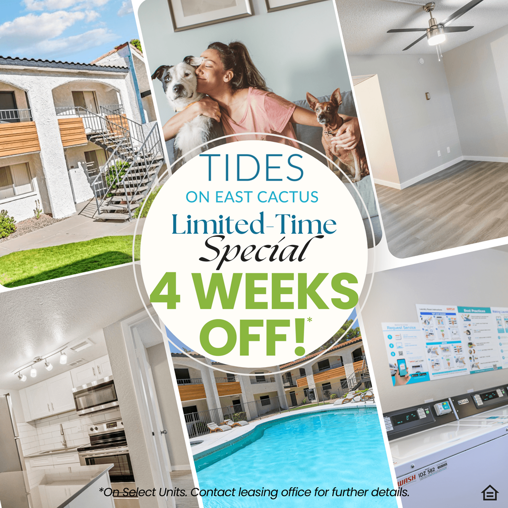 A collage of images showcasing a property with a special offer of 4 weeks off at Tides on East Cactus Apartments, Phoenix, Arizona