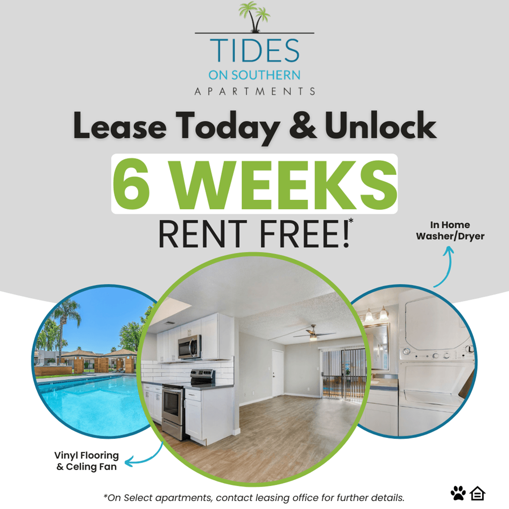 apartments with rent specials A promotional image for Tides on Southern Apartments offering a 6 weeks rent free deal.