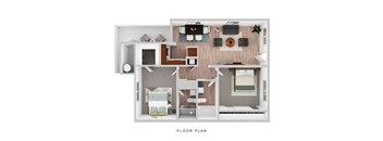 A floor plan of a small apartment with a kitchen, living room, and two bedrooms.