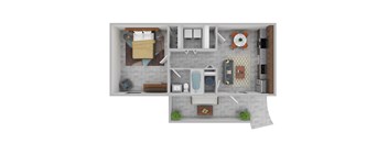 A top down view of a small apartment with a bedroom, living room, kitchen, and bathroom.