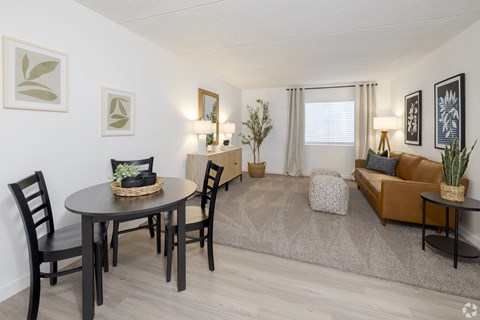 A living room with a brown couch, a round table with chairs, and a rug.