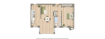 A floor plan of a house with a kitchen, living room, and bathroom.