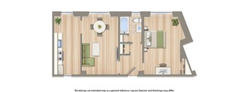 one bedroom floor plan rendering at the dahlia apartments in washington dc