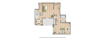 one bedroom floor plan rendering at the dahlia apartments in washington dc
