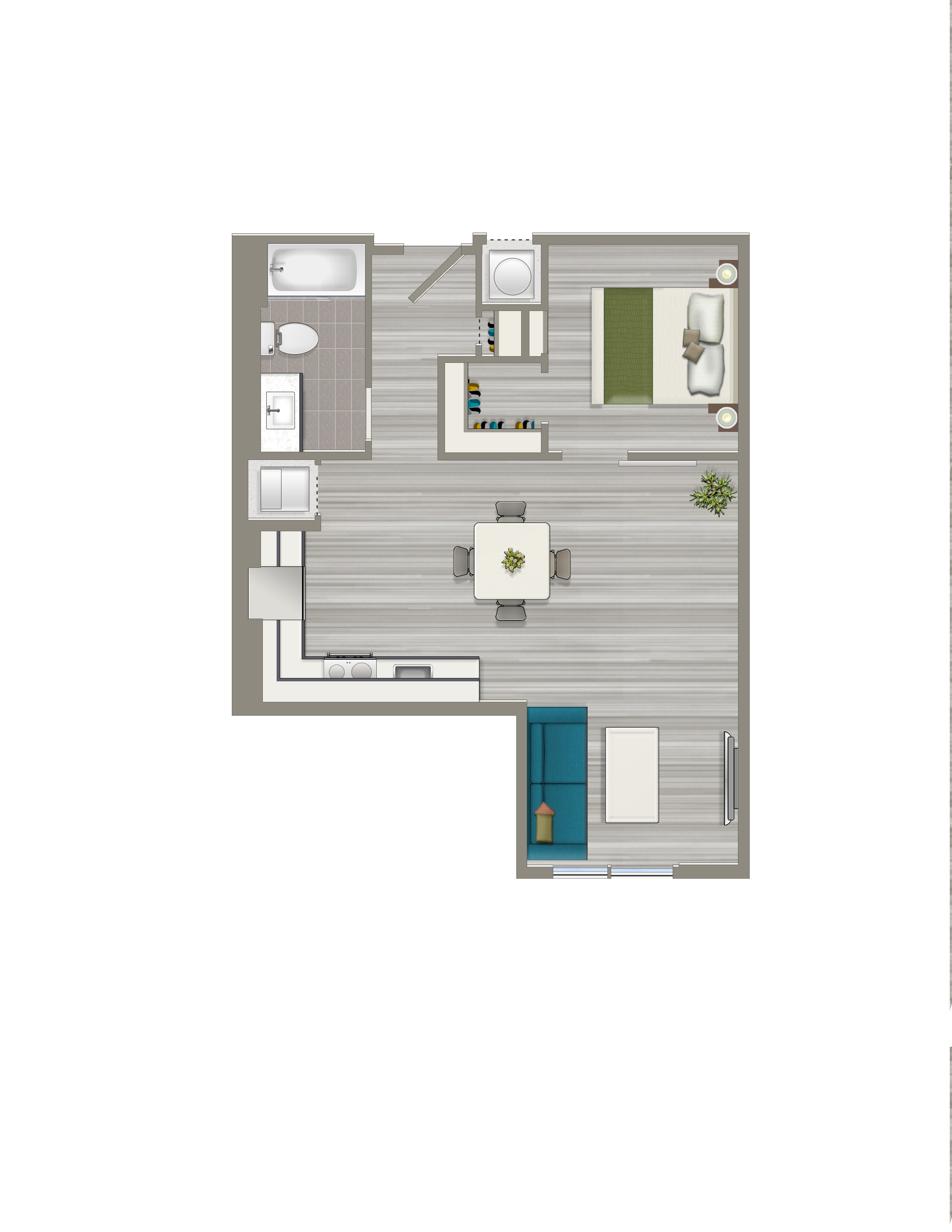 A floor plan of a house with a kitchen, living room, dining room, and two bedrooms.