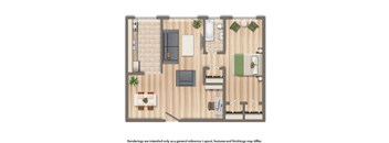 one bedroom apartment floor plan rendering at 1401 sheridan apartments in washington dc