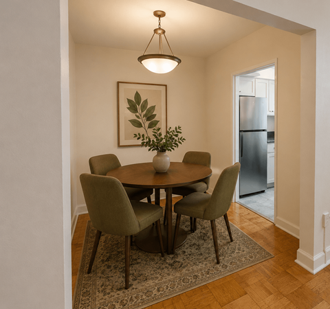 A dining room with a table and chairs.