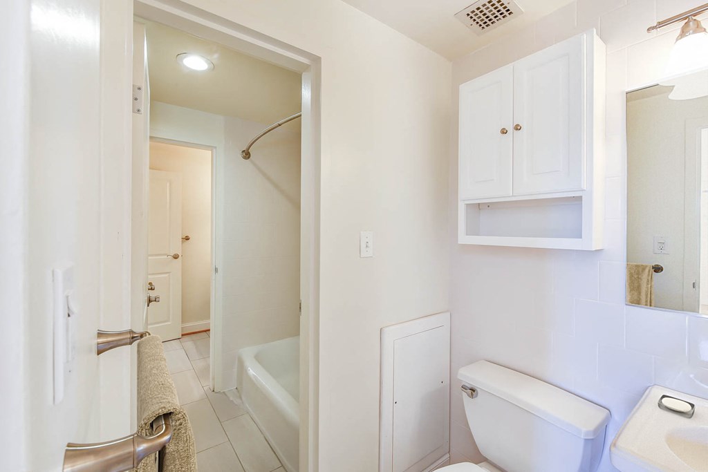 bathroom with tub, toilet, medicine cabinet and vanity at clarence house apartments in washington dc