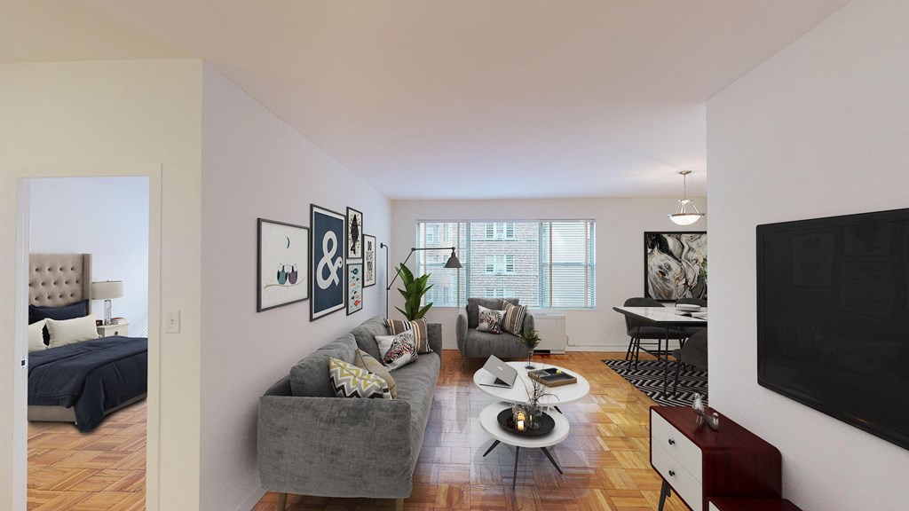 living area with sofa, coffee table, credenza, tv, hardwood floors and view of dining area and bedrooms at clarence house apartments in washington dc