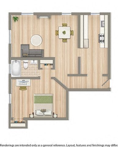 1 bedroom floor plan rendering at 4031 davis place apartments in washington dc