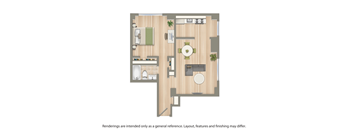 A drawing of a house layout with a living room, dining room, kitchen, and bathroom.