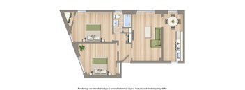 two bedroom floor plan rendering at the dahlia apartments in washington dc