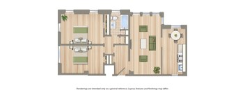 A floor plan of a house with a kitchen, living room, and bathroom.