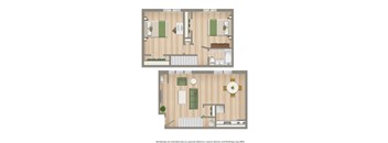A floor plan of a house with two bedrooms and a living area.