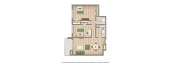 A floor plan of a house with a kitchen, living room, and two bedrooms.