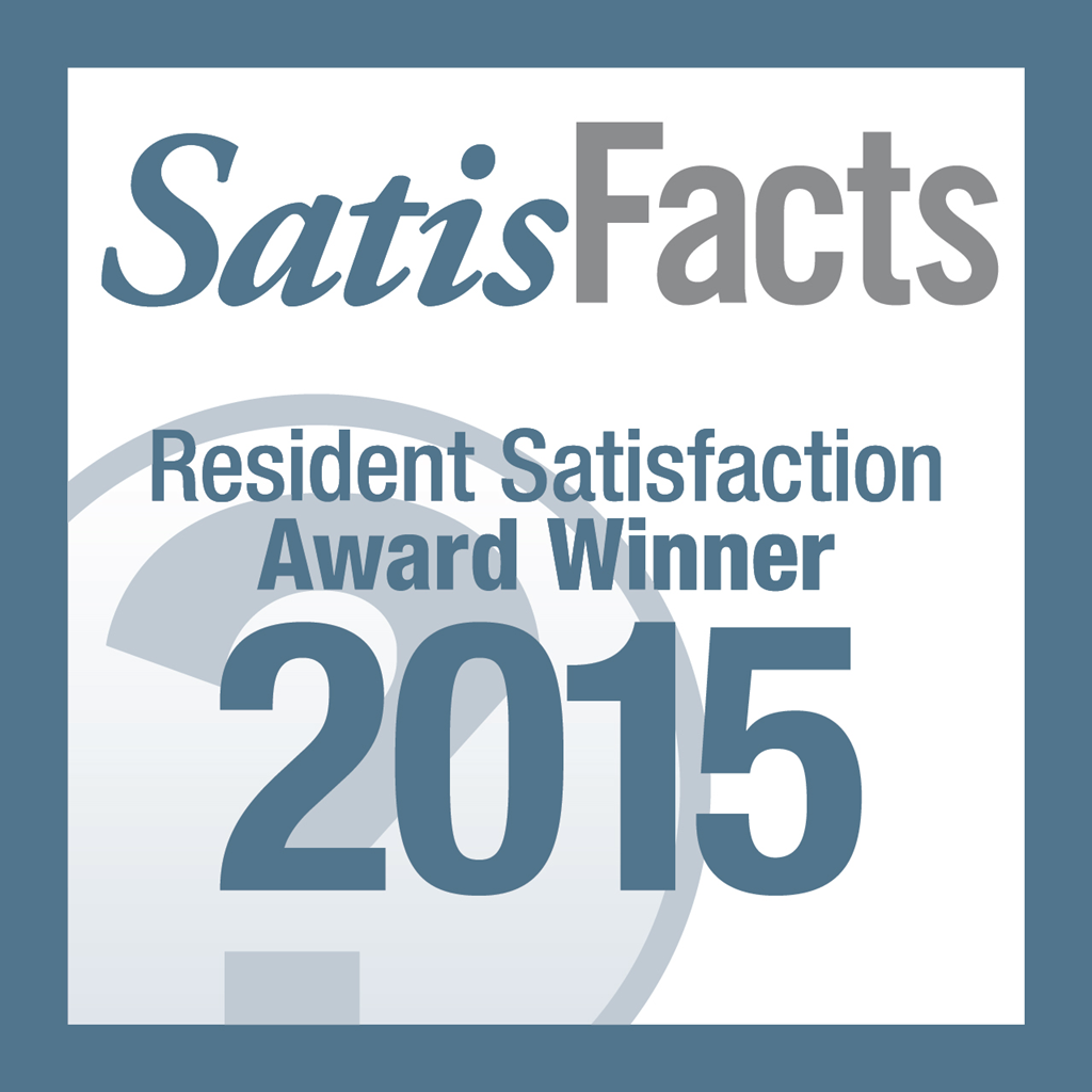 a blue and white logo with the words resident satisfaction award winner 2015